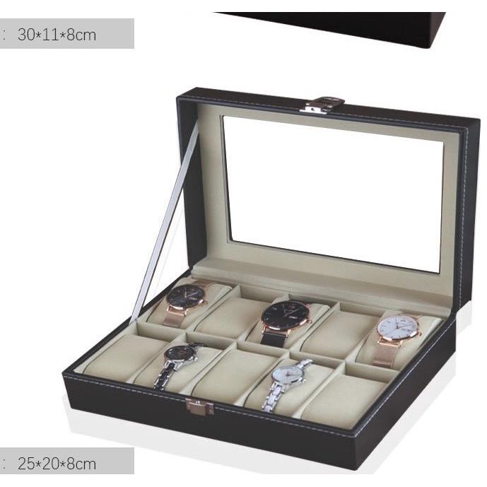 Hộp đựng đồng hồ bằng da PU mặt trên có kính - hộp trưng bày trang sức đồng hồ kính mắt sang trọng cao cấp