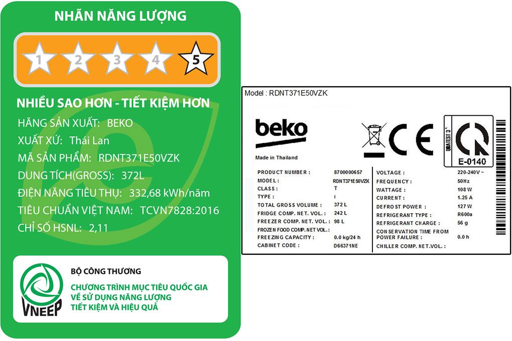 Tủ lạnh Beko Inverter 340 lít RDNT371E50VZK - Hàng chính hãng - Giao toàn quốc