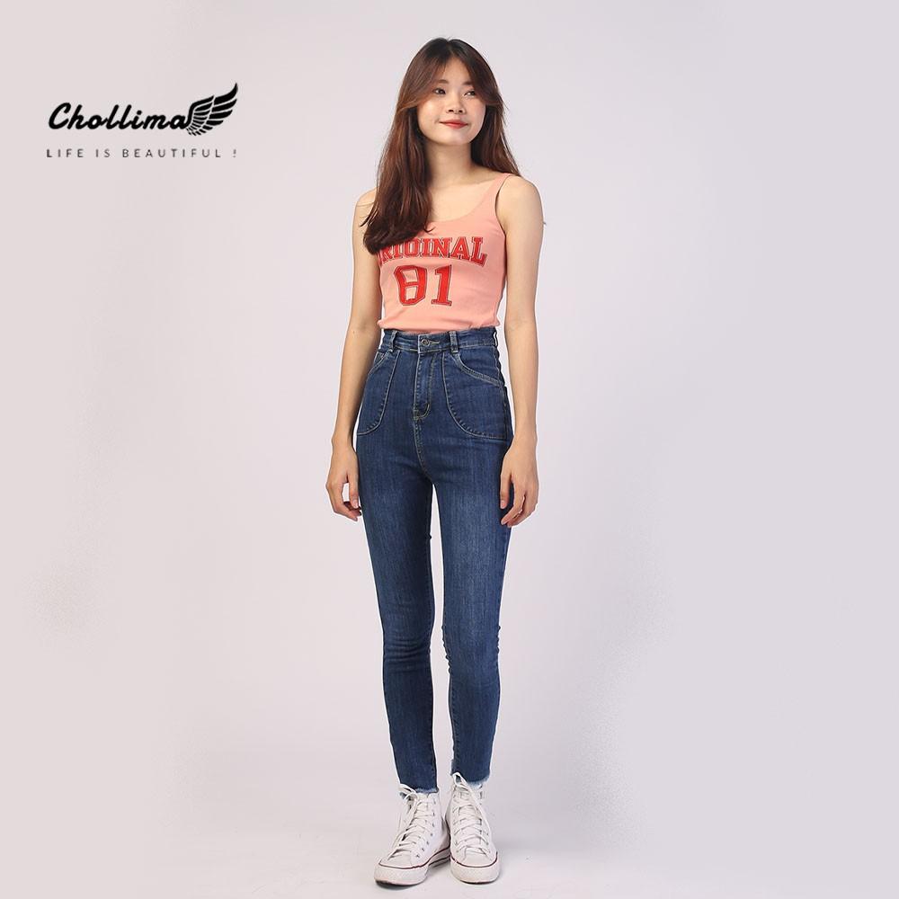 Quần jeans nữ co giãn Chollima cạp siêu cao đắp 2 túi tròn – quần bò nữ cạp siêu cao