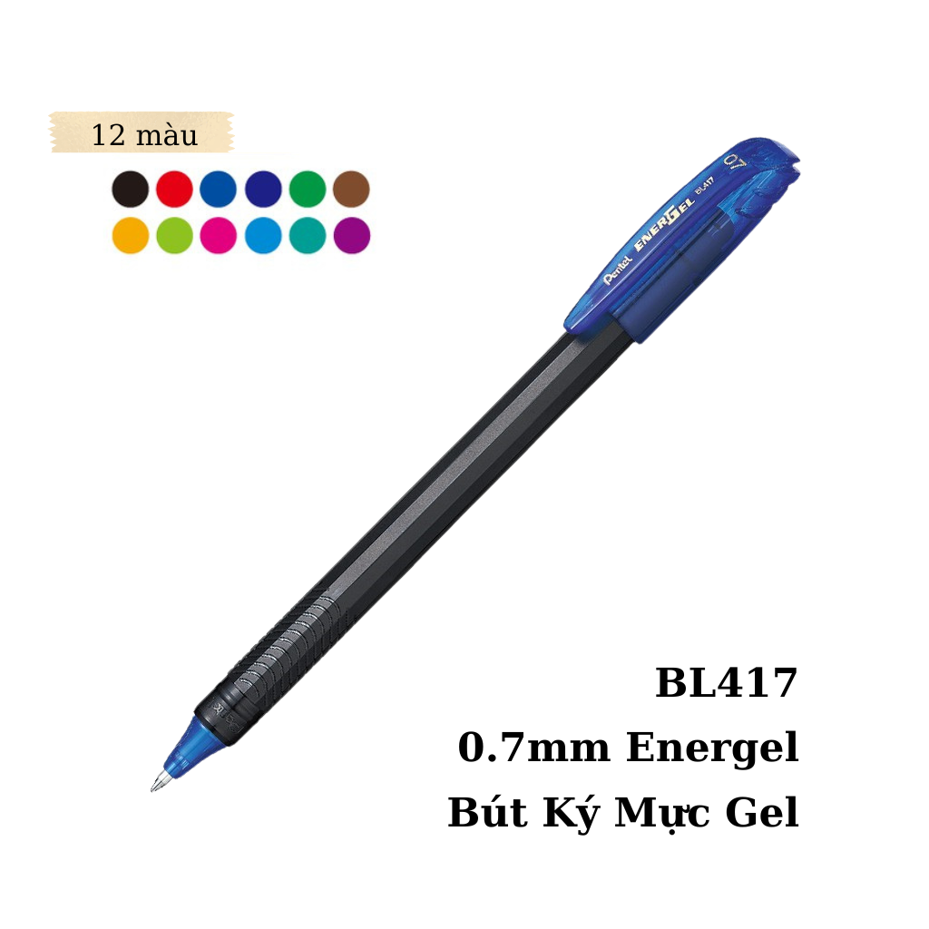 Bút Ký Mực Gel Nhật Bản Pentel Energel BL417 Ngòi 0.7mm 12 Màu Mực