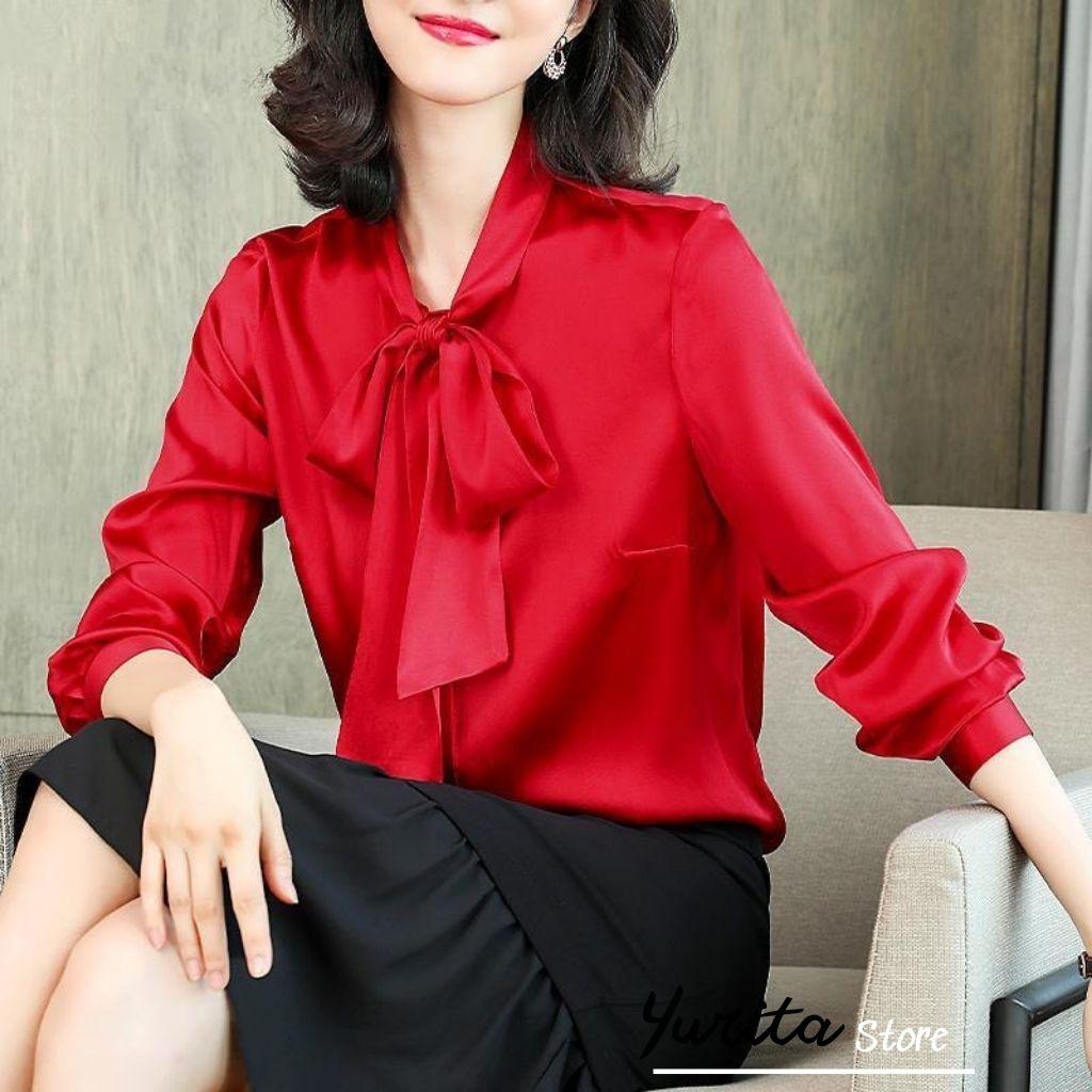 Áo Sơ Mi Kiểu Công Sở Đẹp YURITA Tay Dài Cổ Thắt Nơ Màu Đỏ Chất Lụa Cao Cấp From Rộng Hàn Quốc Ulzzang Vintage A1D
