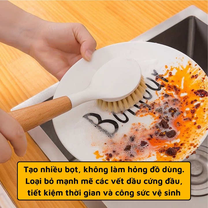 Bàn Chải Chà Xoong Nồi / Niêu / Chảo Đa Năng Cán Gỗ Có Móc Treo Tiện Lợi 25cm