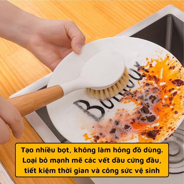 Bàn Chải Chà Xoong Nồi / Niêu / Chảo Đa Năng Cán Gỗ  Có Móc Treo Tiện Lợi 25cm