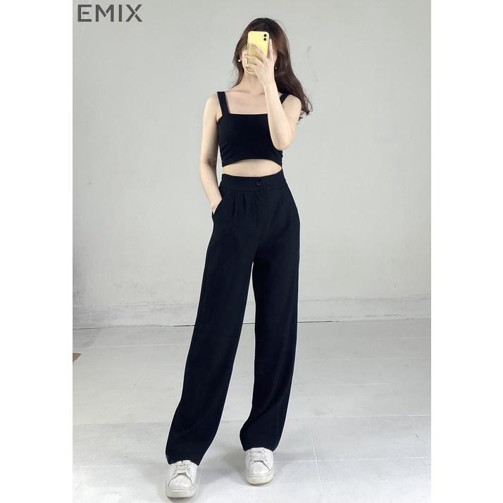 Quần suông nữ công sở EMIX (màu đen), basic, dáng dài, ống đứng, 2 ly, form rộng, cạp cao, lưng chun, chất ruby 220