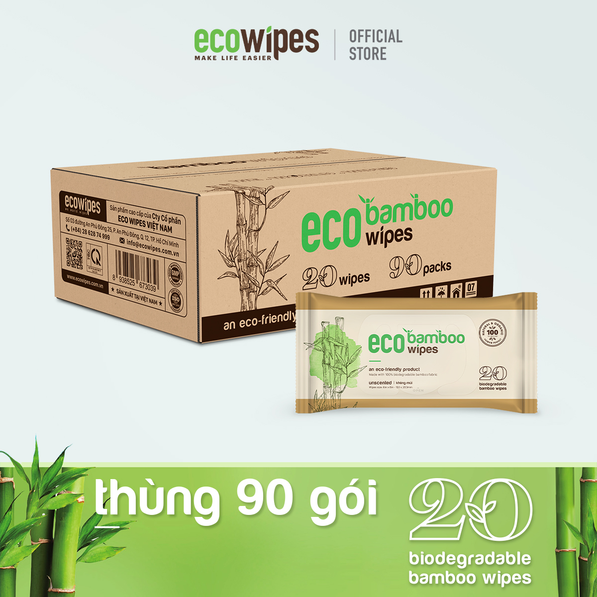 Thùng 90 khăn ướt cao cấp EcoWipes bamboo 20 tờ vải sợi tre sinh thái không mùi có thể phân hủy