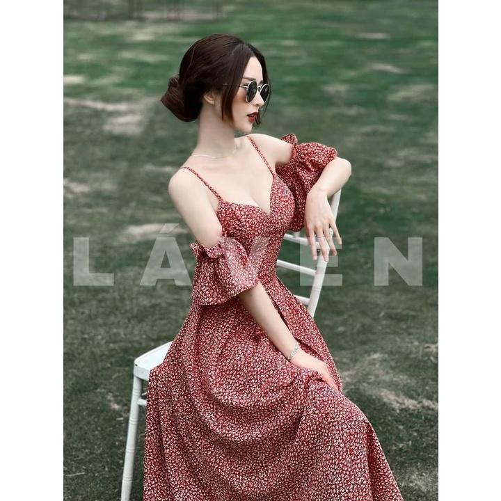 Đầm maxi dự tiệc hoặc đi biển đầm 2 dây trễ vai họa tiết hoa chất liệu lụa 100d mẫu có mút ngực 1 màu như hình