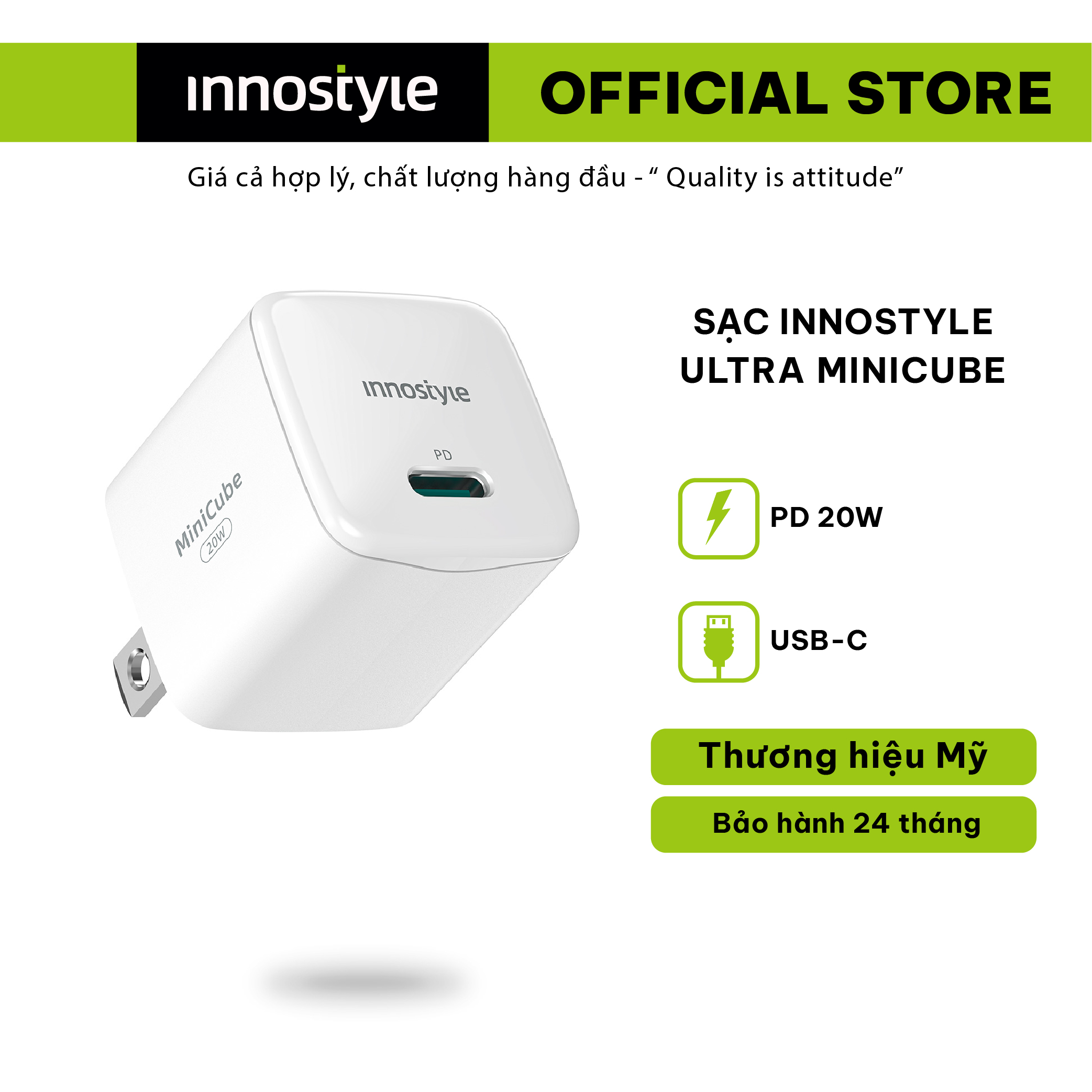 Sạc nhanh siêu nhỏ 20W Innostyle Ultra Minicube IMC20PD - Hàng Chính Hãng