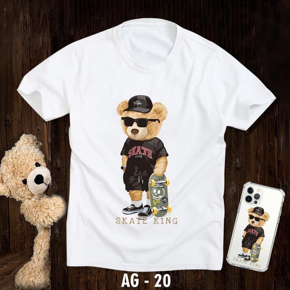 ÁO THUN UNISEX COTON GẤU ĐỘI NÓN ĐEO KÍNH SKATE KING