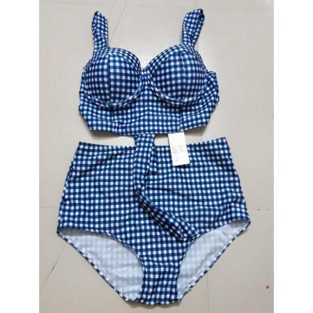 Bộ bikini đi biển cao cấp kẻ caro xanh lam