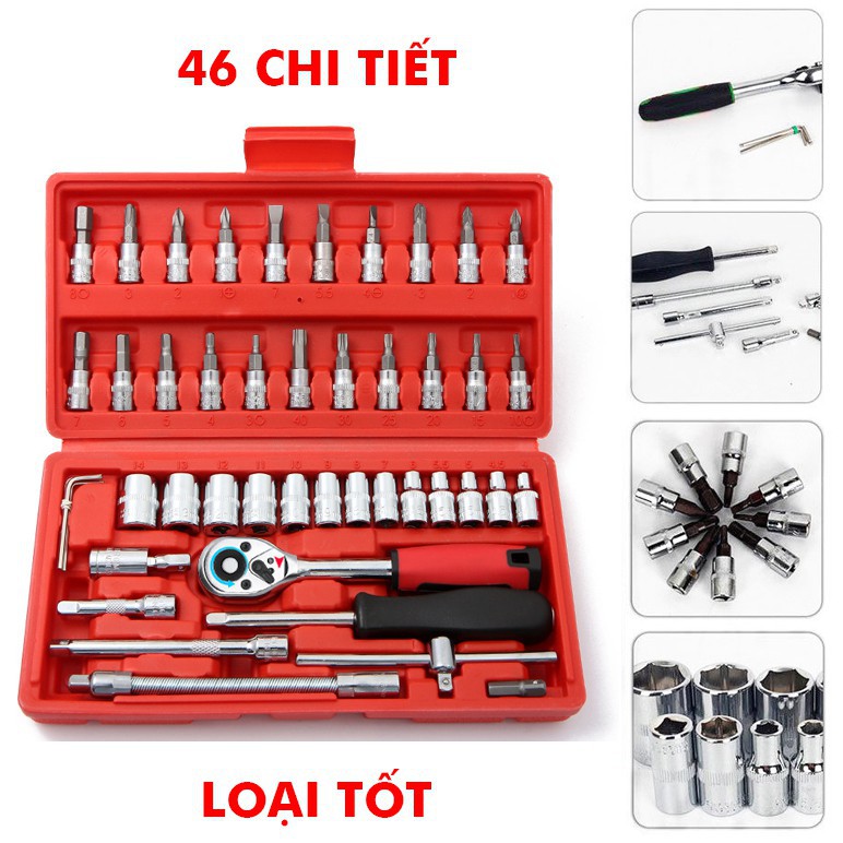 Bộ khẩu tuýp đa năng 46 món chuyên dụng để sửa chữa xe đạp, xe máy, vặn mở bulong, ốc vít với các đầu thay khác nhau, dễ dàng thay đổi đầu vặn phù hợp với công việc