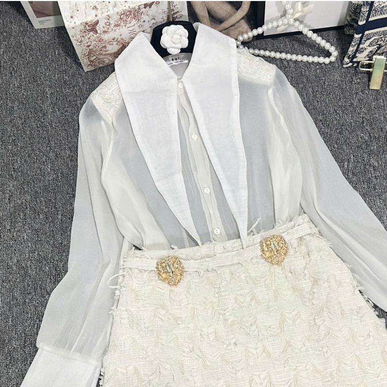 set áo sơ mi chân váy,áo sơ mi nữ tay dài phối chân váy chữ a chất dạ xù kèm tag T97 BY JOLIE - Trắng