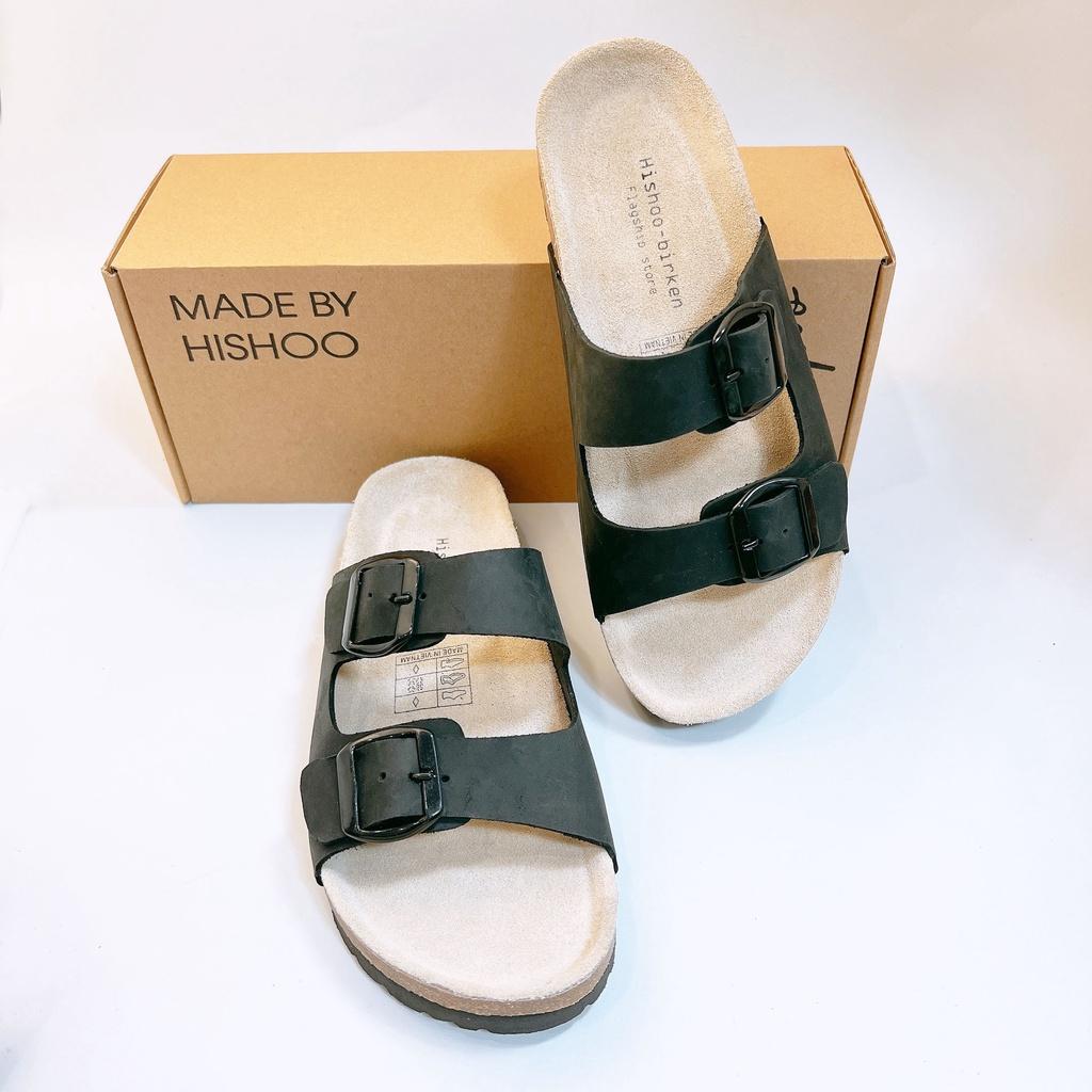 Dép đế trấu birken chất liệu da bò sáp nam nữ unisex quai ngang 2 khóa size 35 - 43 chính hãng Hishoo S104