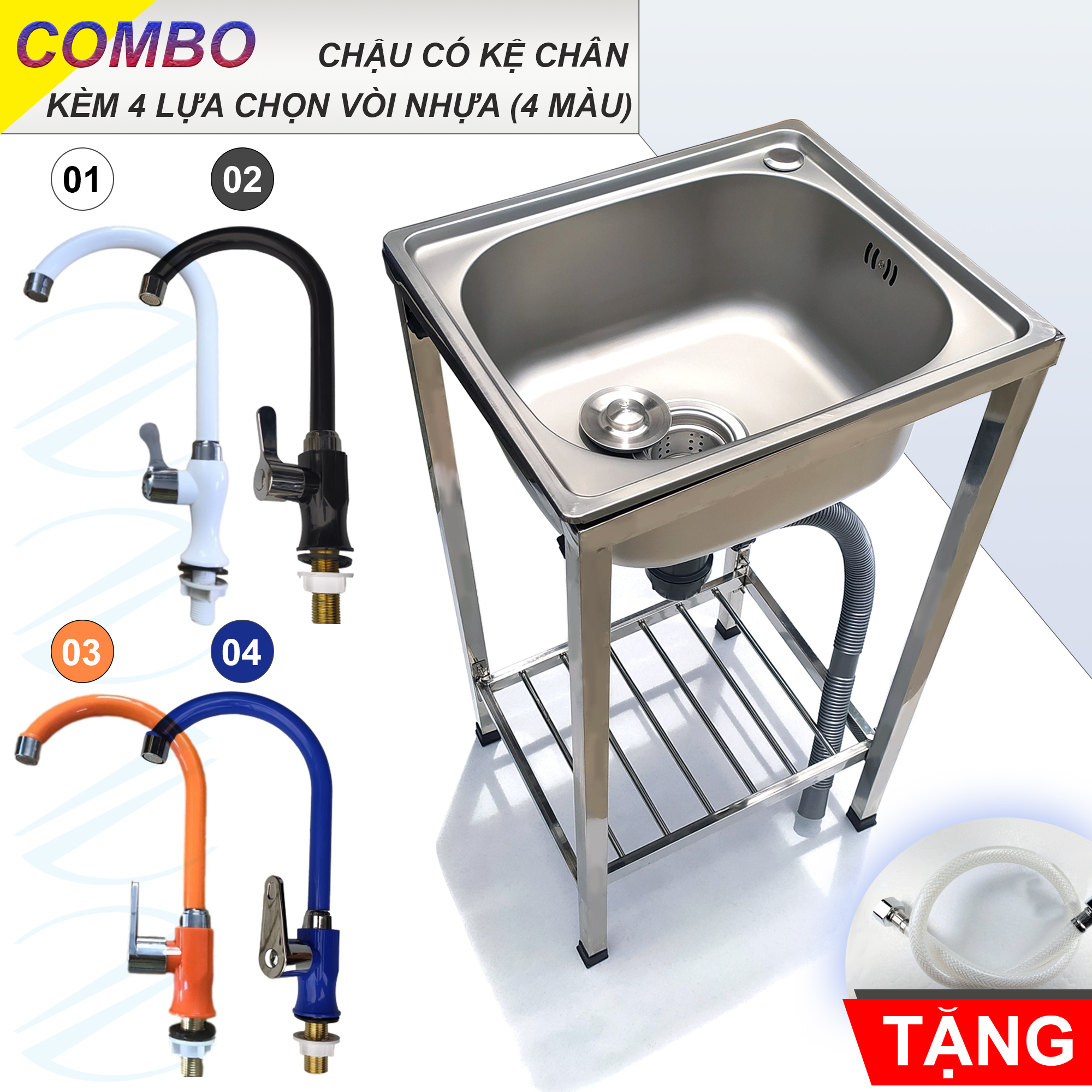 COMBO Chậu Rửa Chén Bát 1 Hộc Có Chân Kèm Vòi Nhựa Nước Lạnh - Gồm kệ chân, chậu, vòi, bộ xả tặng dây cấp keo non