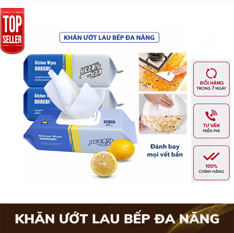 Khăn Ướt Lau Bếp Đa Năng Gói 80 Tờ, Khăn Giấy Ướt Lau Bếp Giúp Loại Bỏ Dầu Mỡ, Khăn Ửớt Đa Năng Siêu Dai