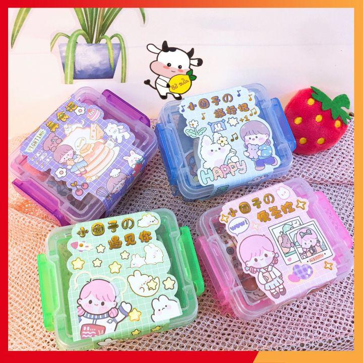 Set Hộp Nhựa Đựng Washi Tape Và Sticker Cute Đáng Yêu Gồm Nhiều Miếng Stickers Hình Cô Bé Gồm 30 Stickers 3 Cuộn Washi