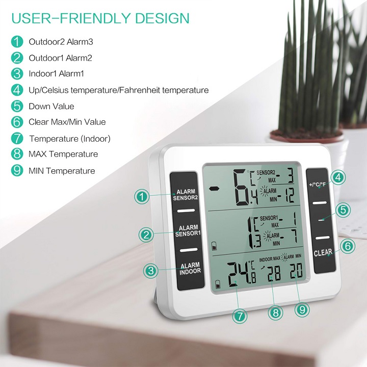 Thiết bị đo nhiệt độ, độ ẩm từ xa cao cấp không dây hiển thị nhiệt độ trong nhà và ngoài trời ( Tặng kèm nhiệt ẩm kế mini ngẫu nhiên )