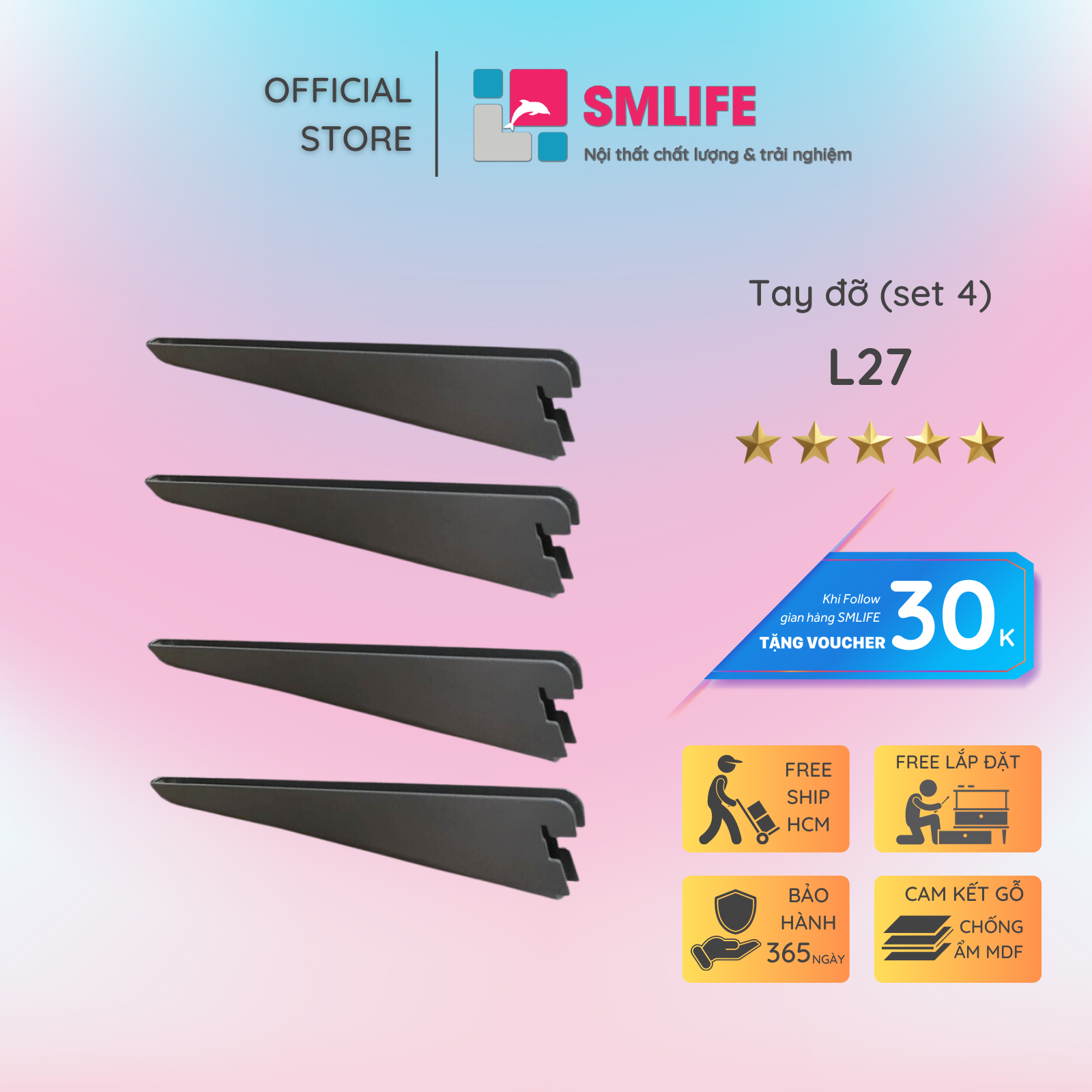 Bộ 4 Tay Đỡ Kệ Ray Tường Con Thuyền SMLIFE Railshelf L27 - Phụ Kiện Thành Phần Để Lắp Hệ Kệ Ray Tường Railshelf