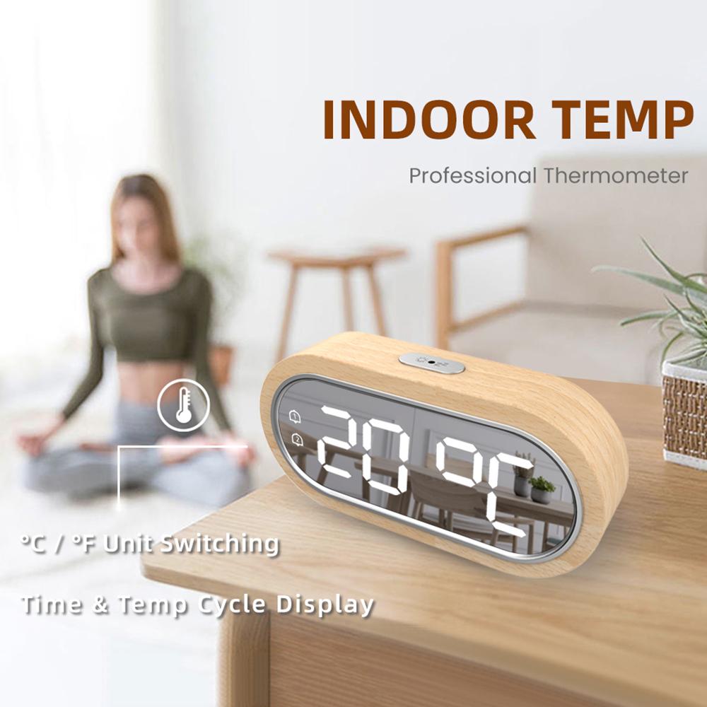 Beech Wood Digital Clock Dual Alarm Snooze USB Alarm Clock Table Thermometer Electronic LED Wooden Desk Clock 4-Level Brightness for Living Room Office