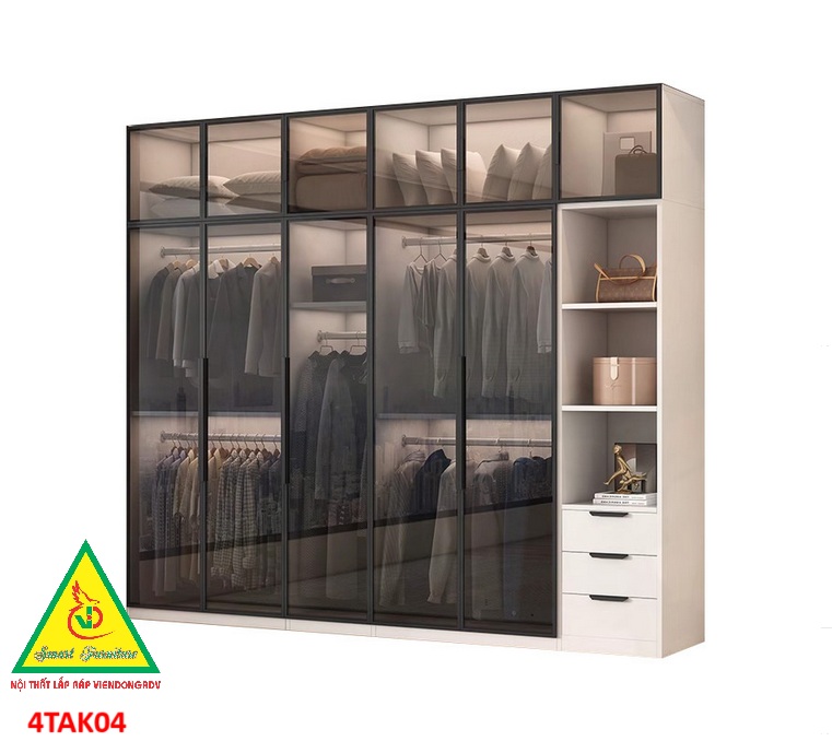Tủ quần áo gỗ MDF cánh kính cường lực khung nhôm 4TAK04 - Nội thất lắp ráp Viendong Adv