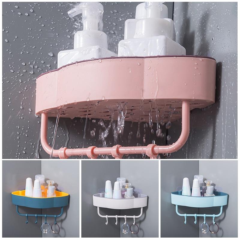 KỆ GÓC TAM GIÁC ĐỰNG ĐỒ NHÀ TẮM NHÀ BẾP KÈM 4 MÓC TREO CÓ LỖ THOÁT NƯỚC TIỆN DỤNG