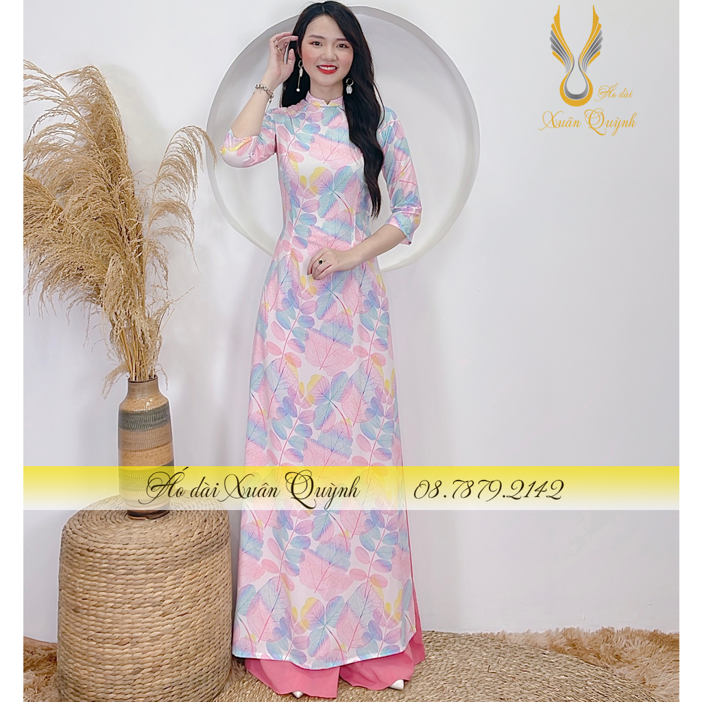 Áo Dài Hoạ Tiết Lá Ombre Hồng Trẻ Trung, Thanh Lịch Tôn Dáng Lụa Habutai Cao Cấp K76