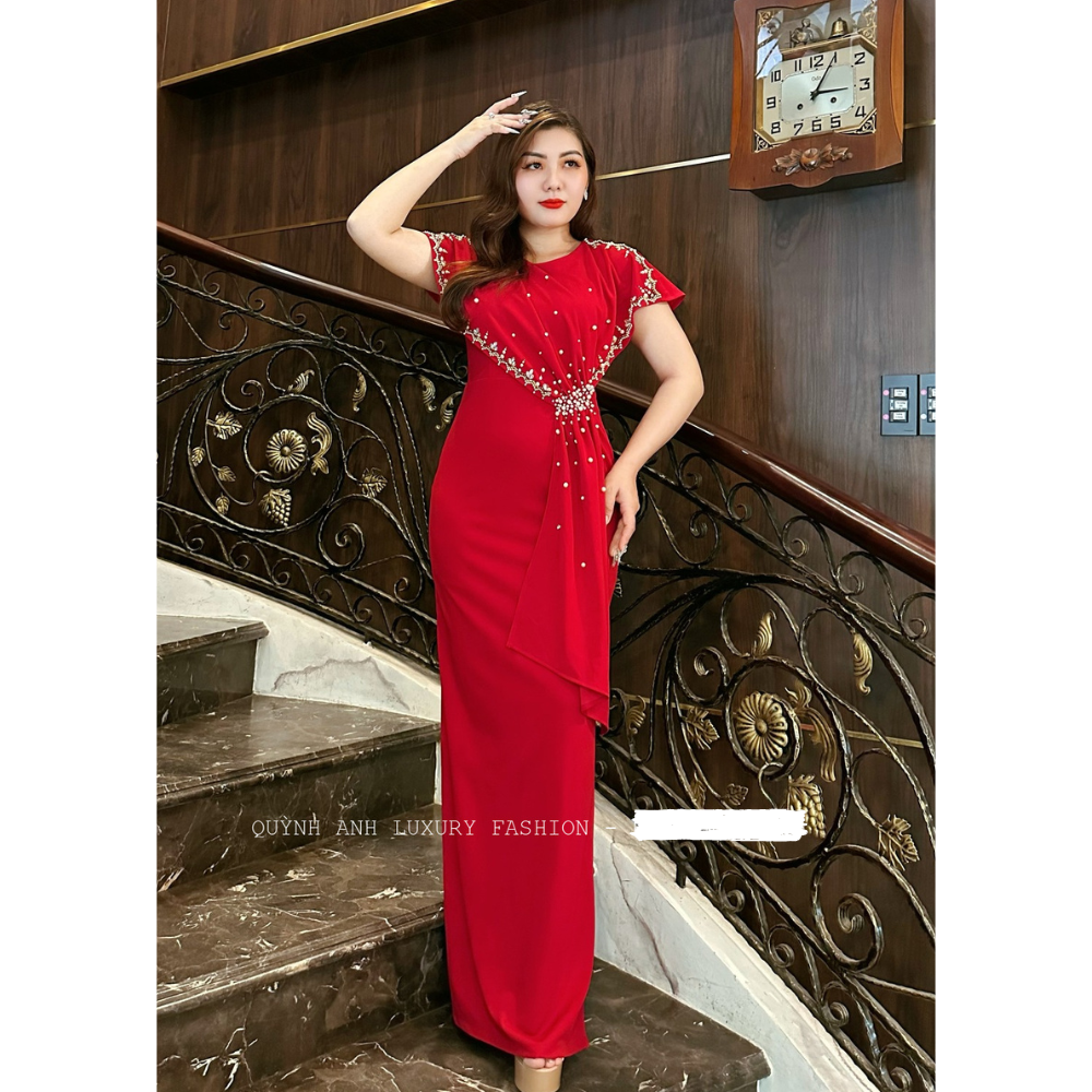 Đầm Dạ Hội Dáng Dài Đỏ Cổ Tròn Kết Đá Lily Dress