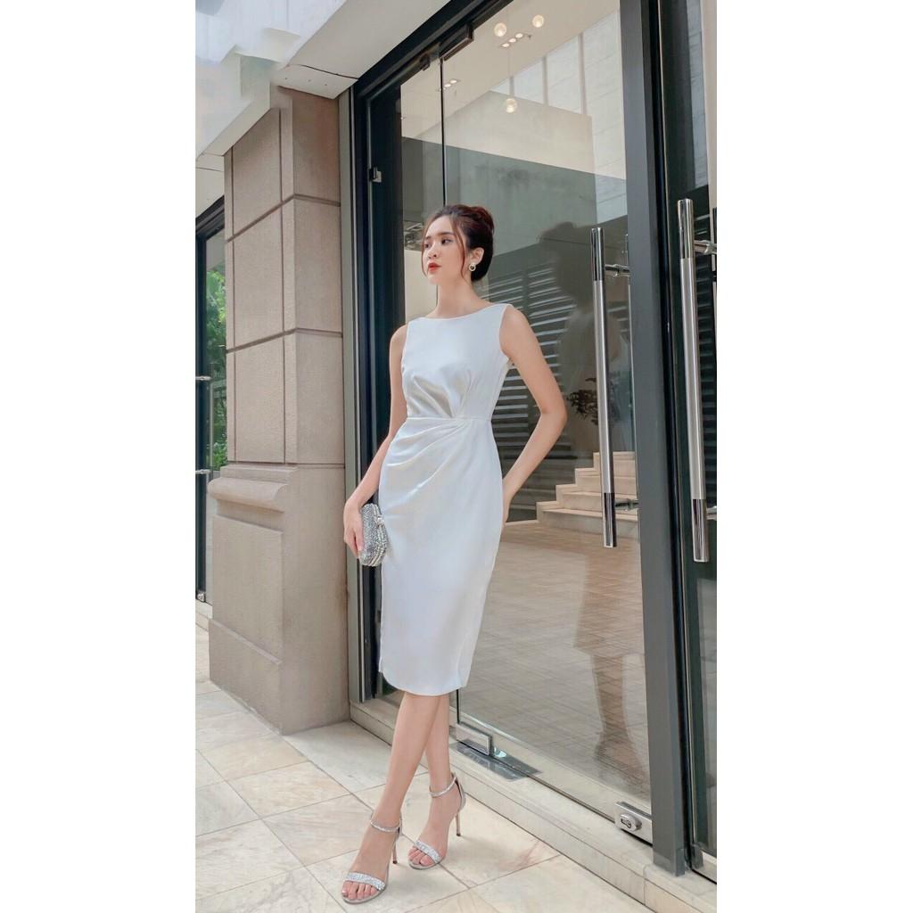 Váy body chất liệu lụa xuất xịn, Váy công sở không tay dáng dài dúm eo che khuyết điểm cực tốt, đầm thiết kế đủ size SML