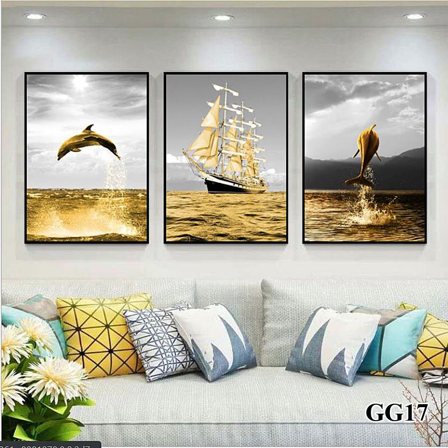 Tranh treo tường 3D hiện đại sang trọng 3 tấm 1 bộ