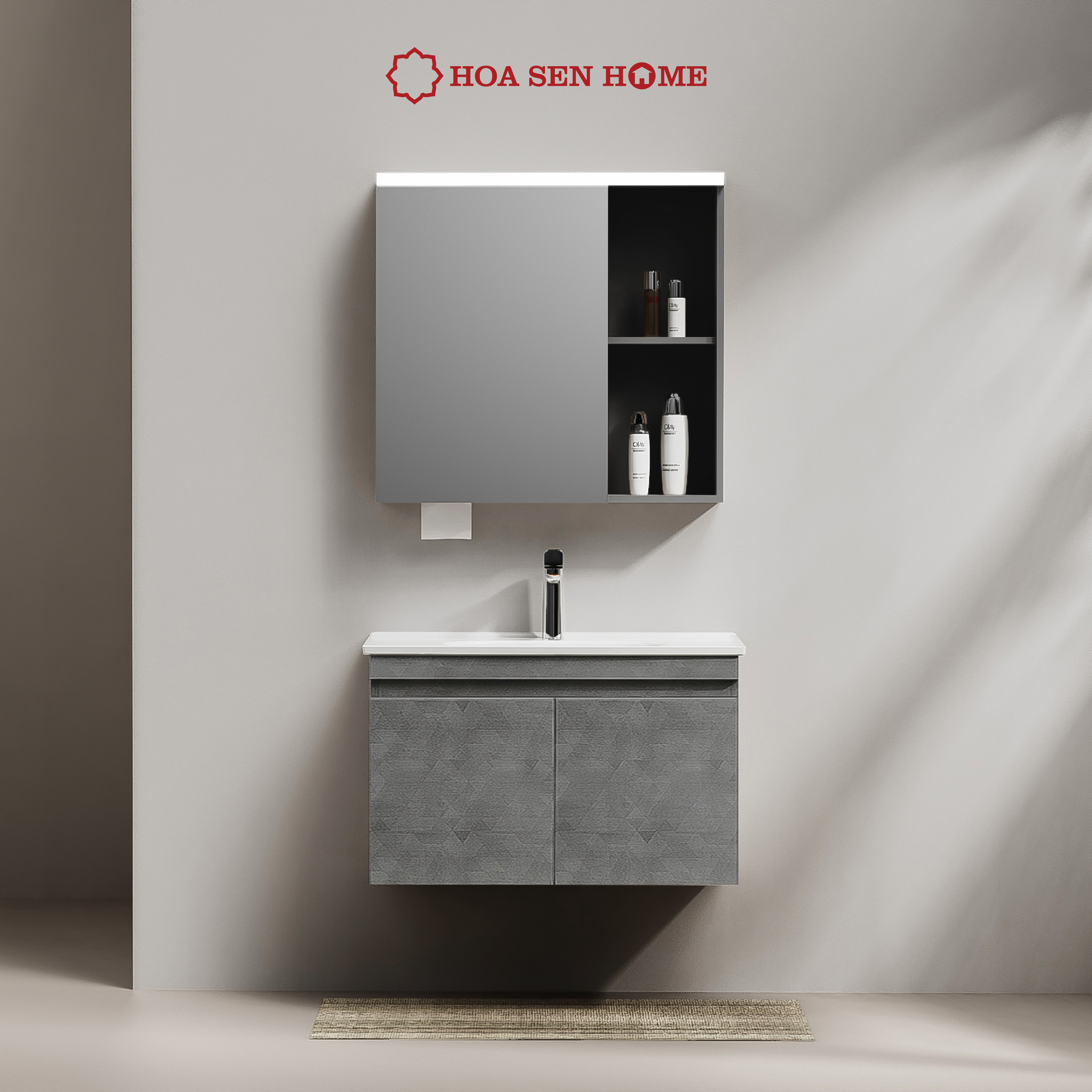 BỘ TỦ GƯƠNG LAVABO TUSLO C001 LUXURY chất liệu gỗ Plywood phủ Laminate sang trọng, đèn Led cảm biến thông minh - Hoa Sen Home - Hàng chính hãng 