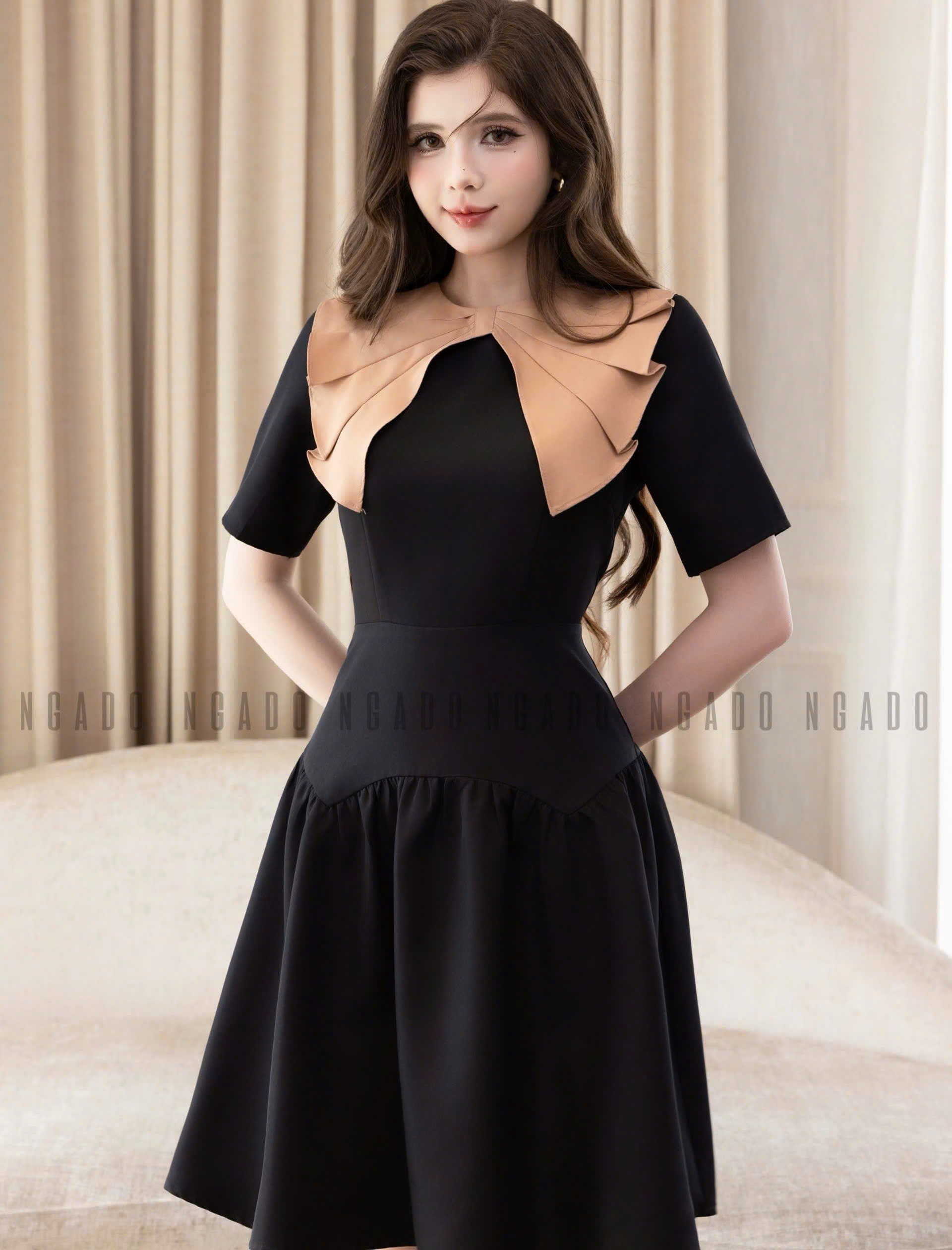Đầm đen cổ nơ nâu NGADO , đầm kiểu , đầm dự tiệc , đầm công sở