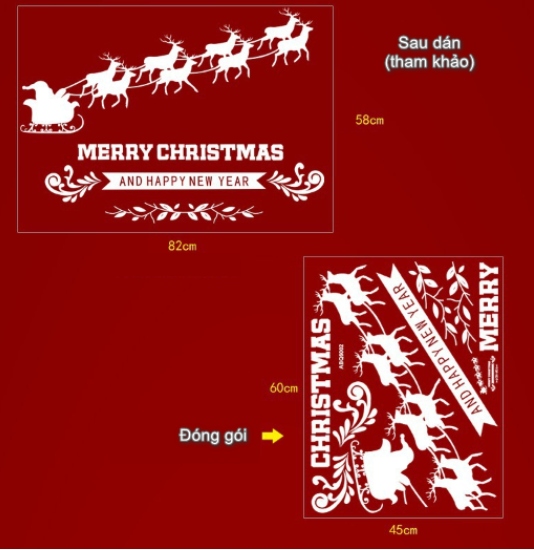 Decal NOEL GIÁNG SINH- Hít tĩnh điện- Cặp tuần lộc kéo xe ông già Noel phát quà -ABQ6002