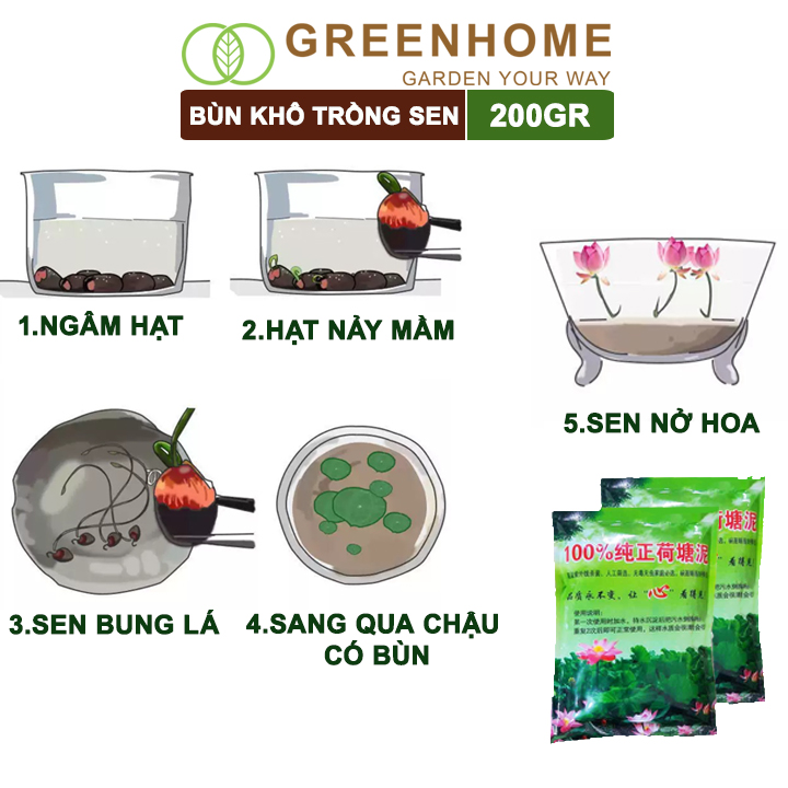 Bùn khô trồng hoa sen, gói 200gr, phù hợp cây thuỷ sinh, ngập nước, cho hoa to, lâu tàn, tốt lá Greenhome