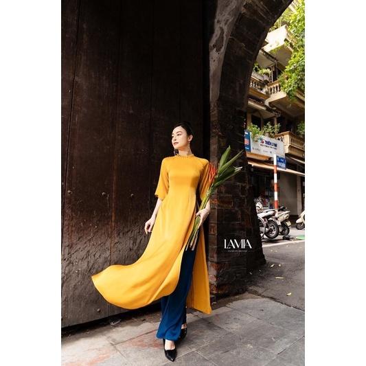 Áo dài lụa kèm quần cách điệu - vàng, vàng