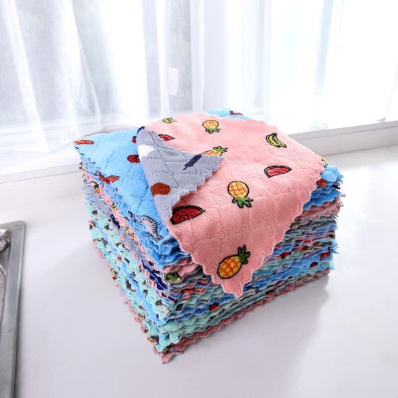 Khăn lau mẫu vuông họa tiết hoa quả 2 mặt cỡ lớn 25x25cm dùng lau tay, lau bếp đa năng