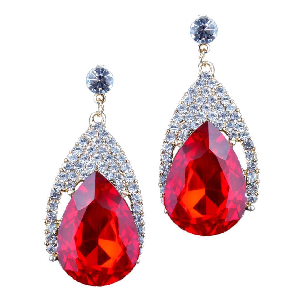 Vintage Glitter Rhinestone Diamante Teardrop Drop Dangle Earrings Red