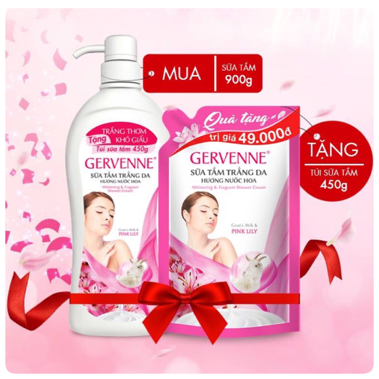 Gervenne Sữa tắm trắng da hương nước hoa Goas't Milk &amp; Pink Lily 900g+Tặng túi sữa tắm 450g