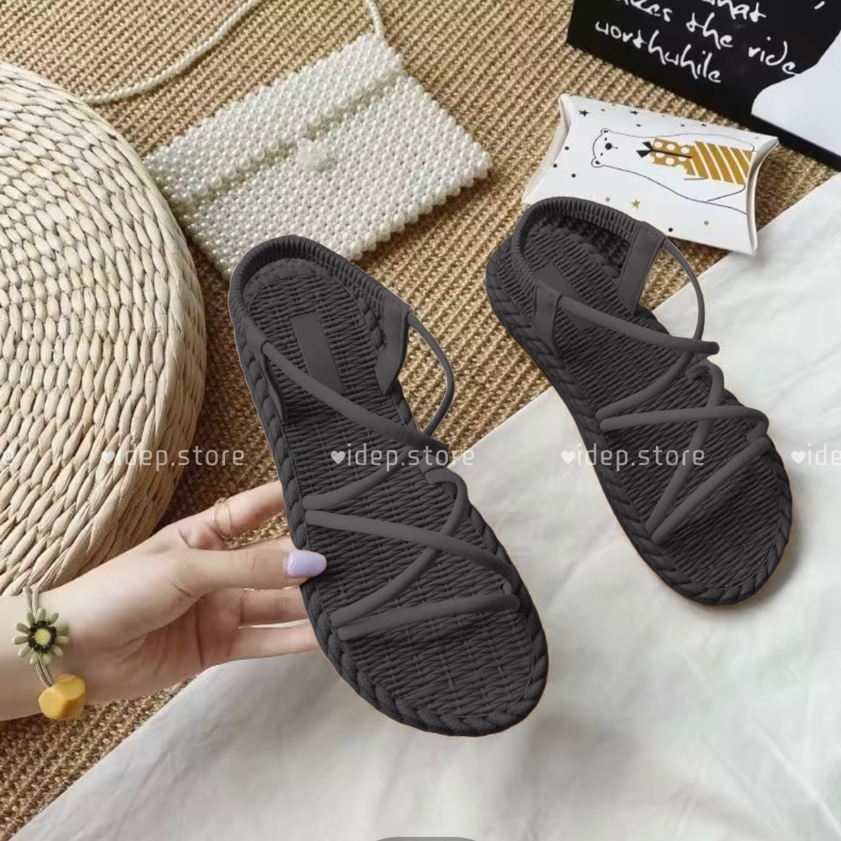 Sandal nữ đế giả cói É  quai chéo chiến binh đế nhẹ đi êm chân