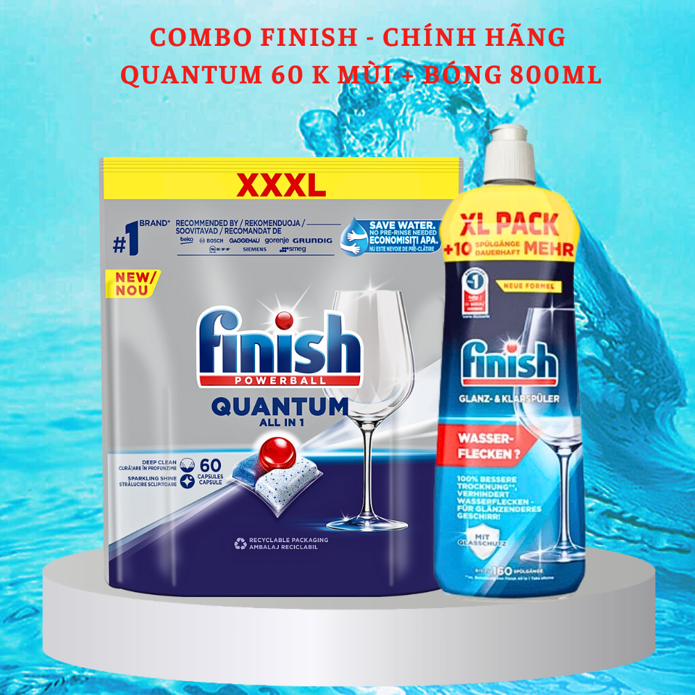 Combo nước làm bóng bát finish 800ml+viên rửa bát finish quantum max 72 viên dùng cho máy rửa bát