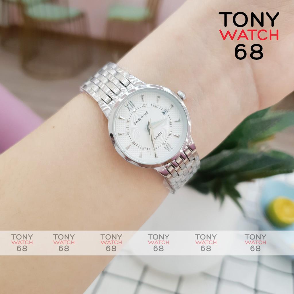 Đồng hồ cặp đôi nam nữ Baishuns mặt tròn trắng dây kim loại bạch kim chính hãng Tony Watch 68