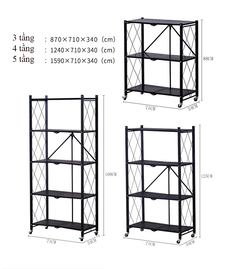 Kệ đa năng tầng gập gọn thông minh để đồ nhà bếp chất liệu bằng thép carbon không gỉ có bánh xe tiện lợi mới nhất hiện nay