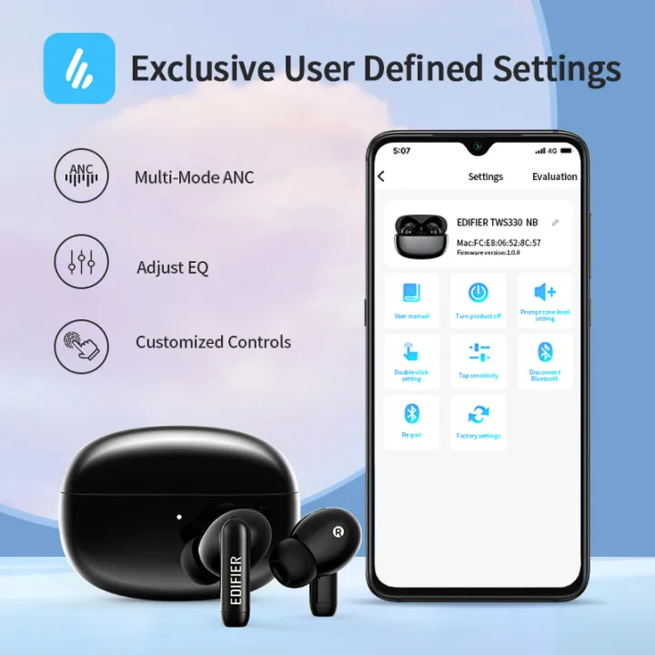 Tai Nghe True Wireless Edifier TWS 330NB Hybrid ANC - Bluetooth 5.0 - Sạc Nhanh - Khử Tiếng Ồn - Chống Nước IP54 - Độ Trễ Thấp - Hàng Chính Hãng