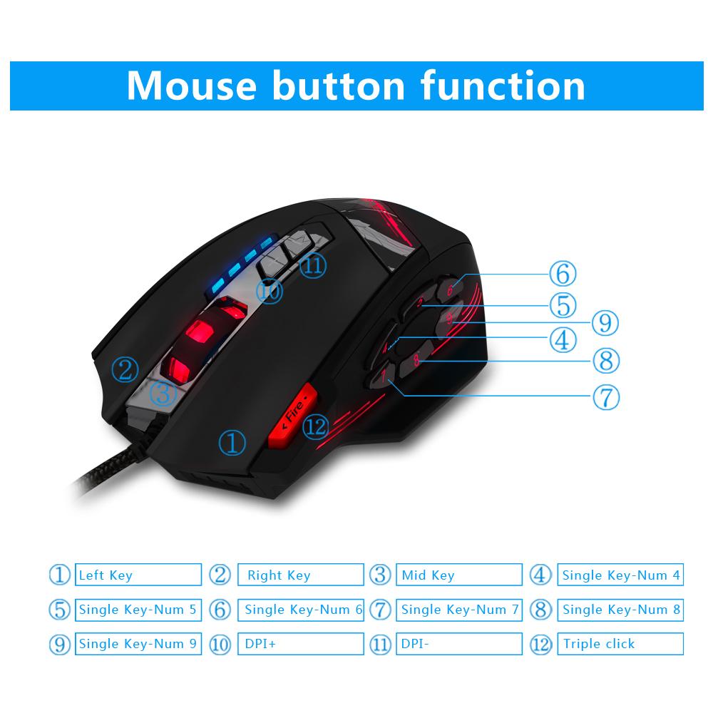 ZELOTES C-12 Có Dây USB Quang Chơi Game 12 Nút Có Thể Lập Trình Máy Tính Game Chuột 4 Mức Điều Chỉnh DPI 7 Bóng Đèn LED chuột