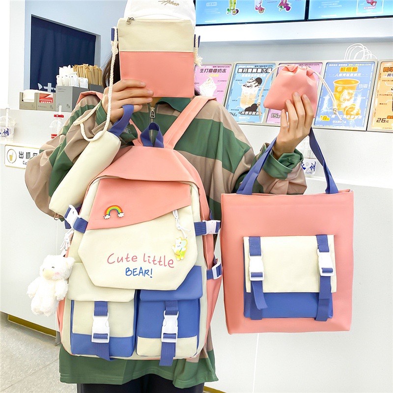 Set balo 4 món, Bao Thời Trang, Balo Chống Thấm Nam Nữ - Combo 4 Món Ulzzang Đi Học Cute Liitle