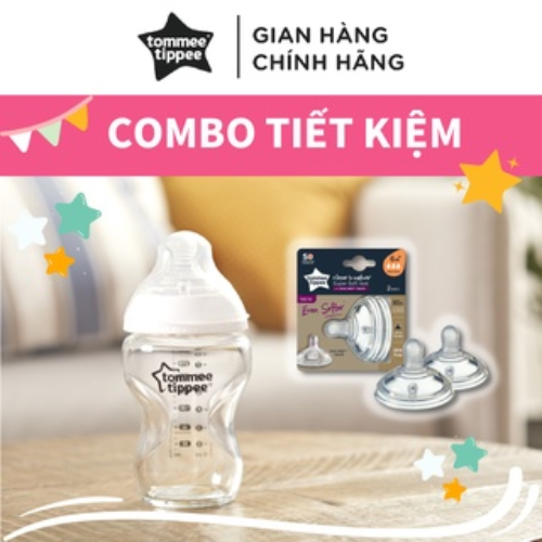 COMBO Bình sữa thuỷ tinh ty siêu mềm tự nhiên Tommee Tippee Closer to Nature 250ml &amp; Núm ty silicon thay thế 6M+