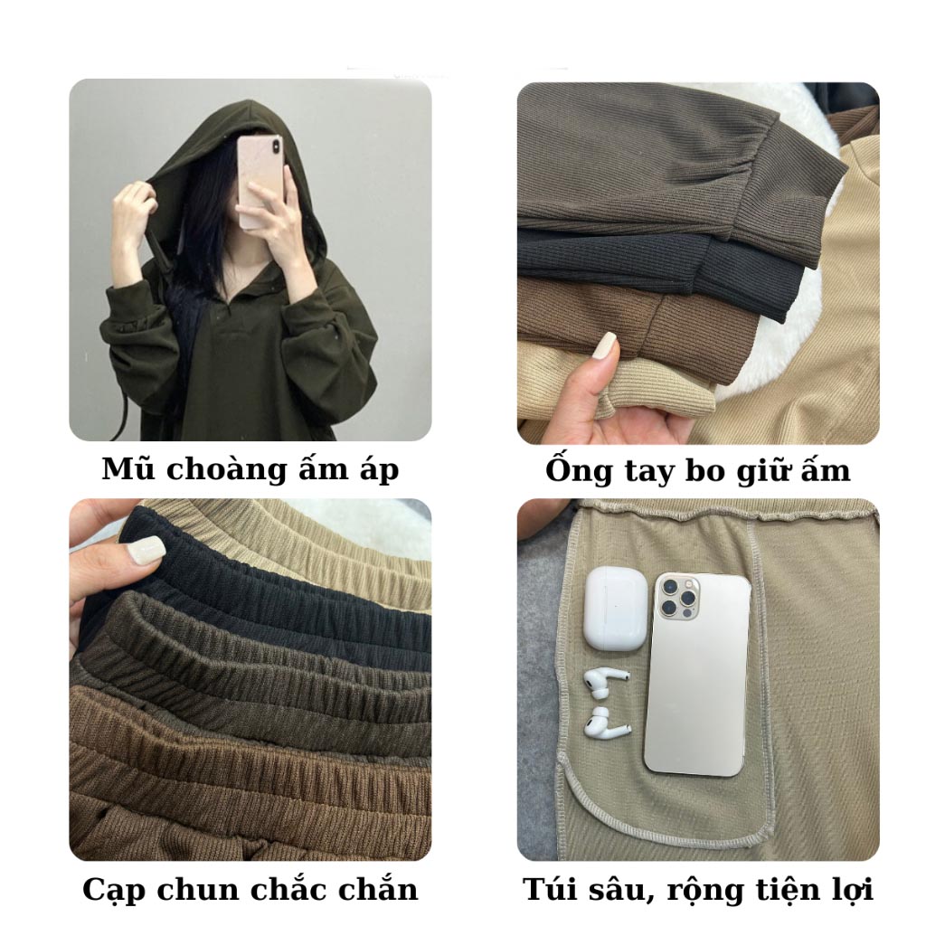 Set áo nỉ tăm có mũ WinBeen Set áo kèm chân váy dài chất nỉ tăm phong cách Hàn Quốc hot trend