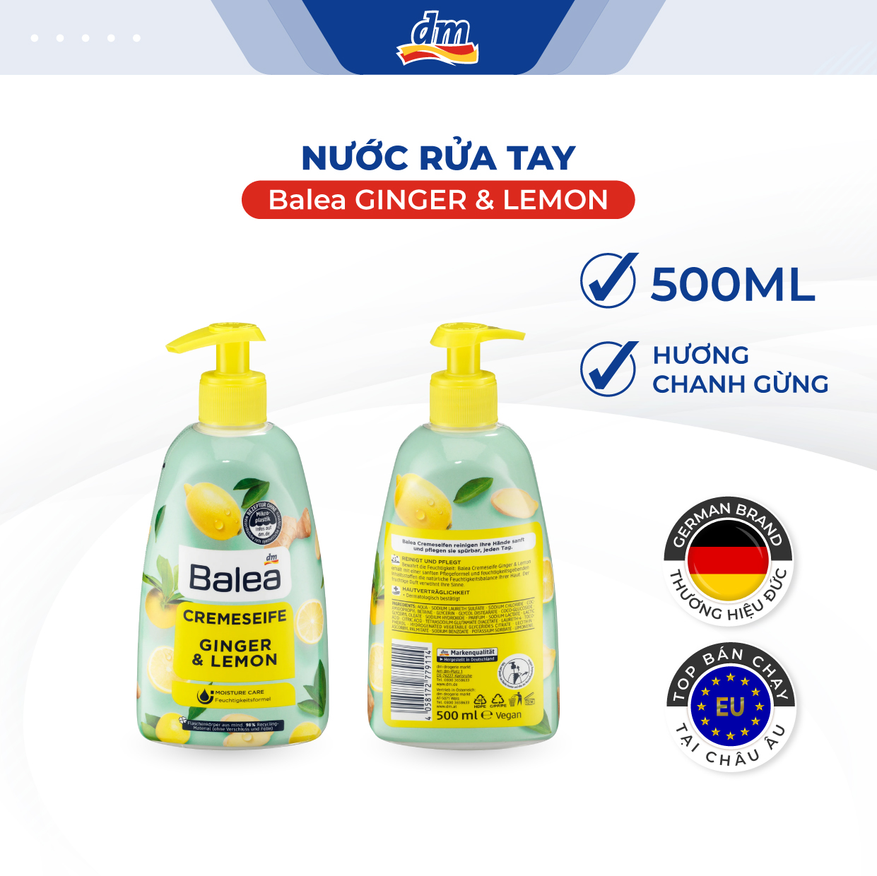 Nước rửa tay Balea hương chanh gừng dưỡng ẩm da tay, chai 500ml - hàng nhập khẩu Đức