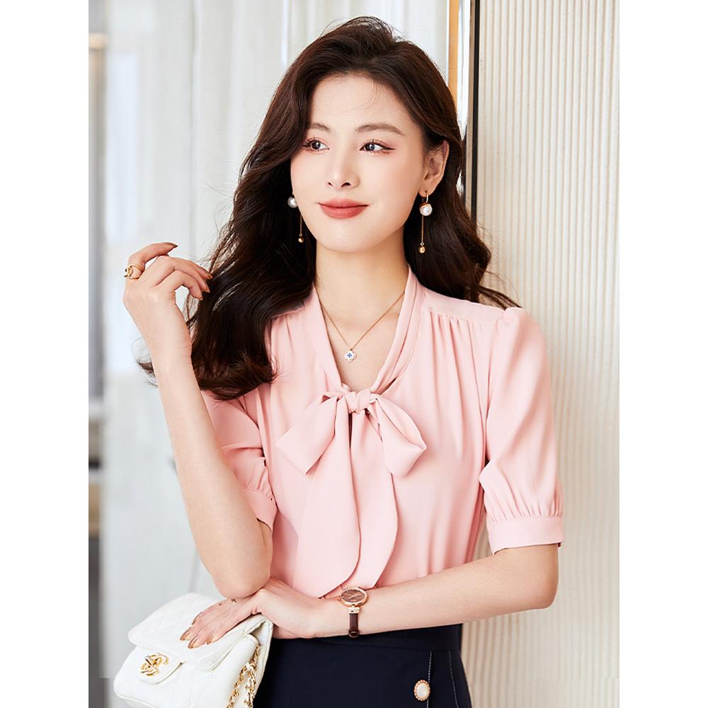 [L2M] Áo sơ mi kiểu nữ kate lụa tay lửng CỘT NƠ CỔ siêu xinh và thanh lịch