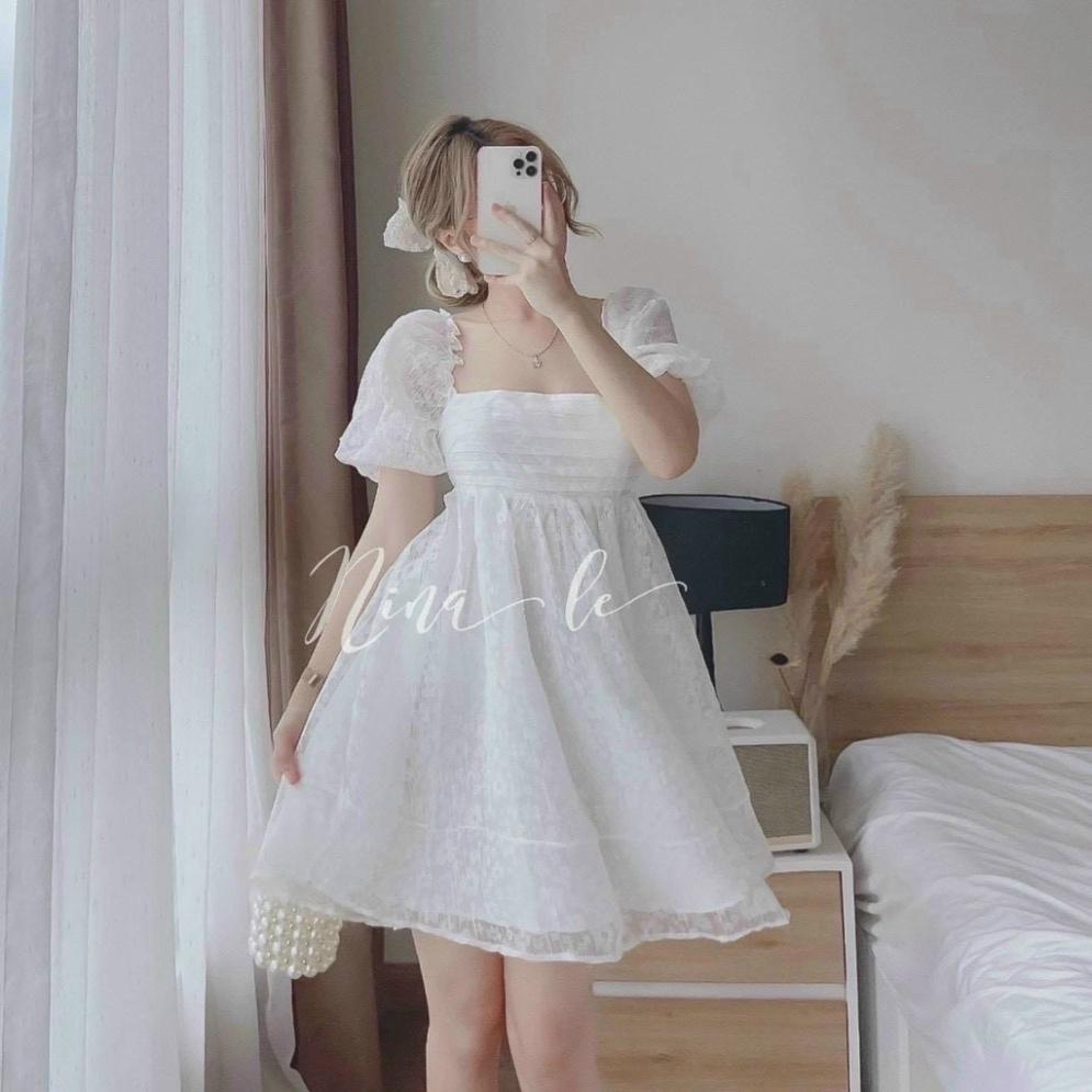 Đầm váy babydoll ren nổi lót lụa trắng cổ vuông hở lưng nơ lưng Ivy fashion đi biển dự tiệc dạo phố bigsize gợi cảm se