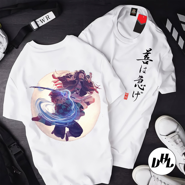 Áo thun trắng Anime, Manga Thanh g diệt quỷ Viêm trụ và Nezuko, Unisex Nam Nữ có Size áo từ 25-95kg