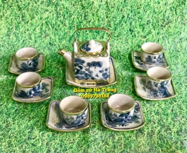 Bộ ấm chén men rạn bọc đồng gốm sứ Bát Tràng cao cấp